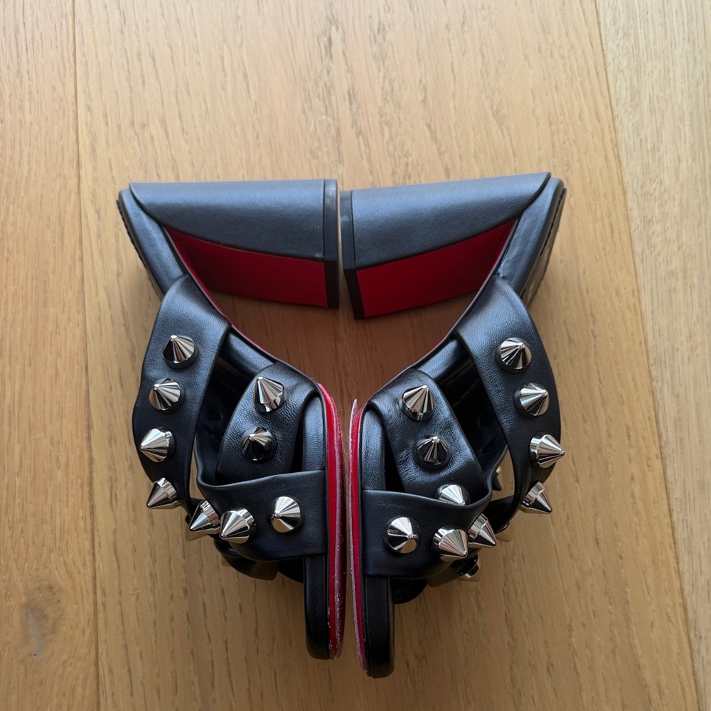 Christian Louboutin Black Leather Spike-Embellished Slide Mules - Picture 2 of 6